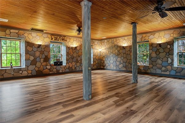 Empty room, Interior, Recessed Lighting, Stone Walls, Wooden Ceilings, Wood Texture Flooring