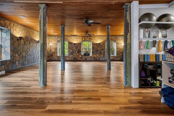 Interior, Stone Walls, Wood Texture Flooring