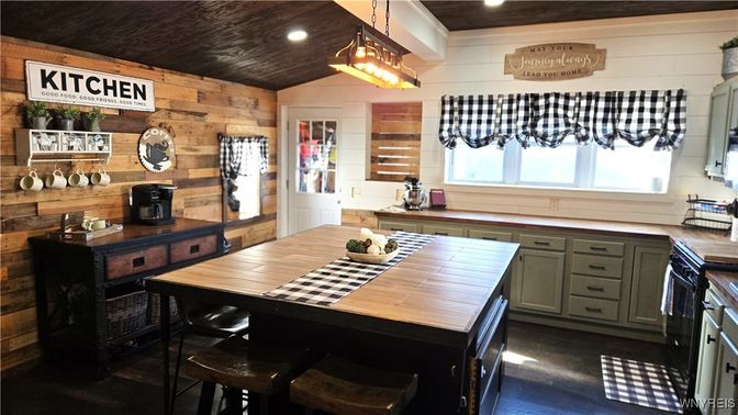Interior, Kitchen, Pendant Lights, Recessed Lighting, Wood Texture Flooring, Wooden Walls