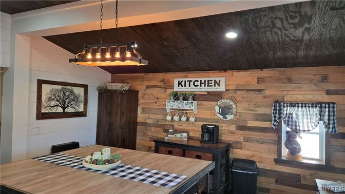 Dining room, Interior, Pendant Lights, Recessed Lighting, Wooden Walls