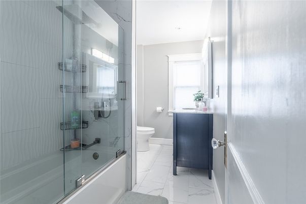 Bathroom, Glass Shower, Interior, Marble, Marble Walls, Recessed Lighting