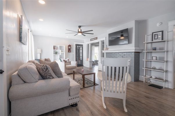 Fireplace, Interior, Living room, Recessed Lighting, Wood Texture Flooring