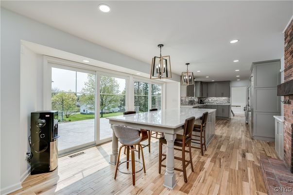 Dining room, Interior, Kitchen, Pendant Lights, Recessed Lighting, Wood Texture Flooring