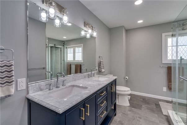 Bathroom, Dual Sink Vanities, Glass Shower, Interior, Recessed Lighting