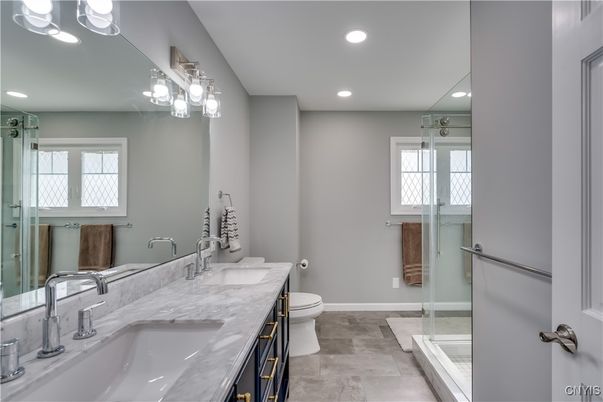 Bathroom, Dual Sink Vanities, Glass Shower, Interior, Recessed Lighting