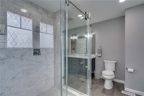 Bathroom, Glass Shower, Interior, Marble Walls, Recessed Lighting