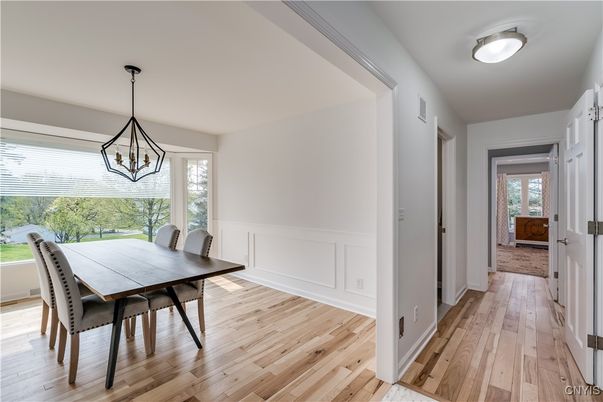 Dining room, Interior, Pendant Lights, Wood Texture Flooring