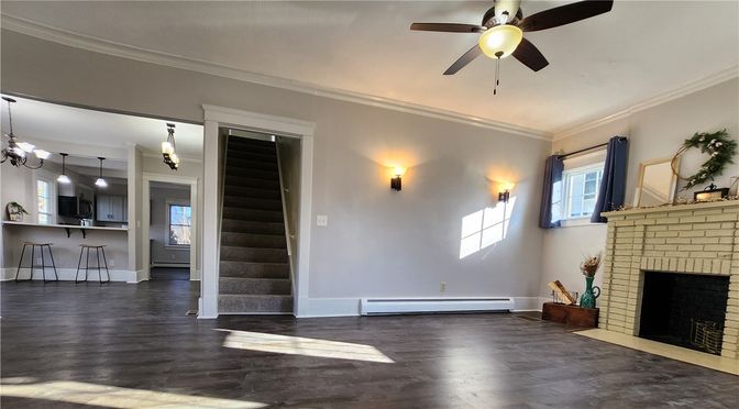 Empty room, Fireplace, Interior, Kitchen, Pendant Lights, Wood Texture Flooring