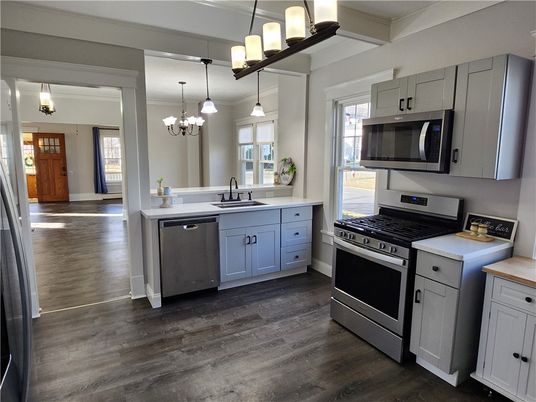 Chandelier, Interior, Kitchen, Pendant Lights, Stainless Steel Appliances, Wood Texture Flooring
