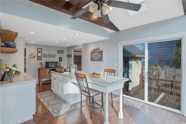 Dining room, Interior, Recessed Lighting, Wooden Beams, Wood Texture Flooring