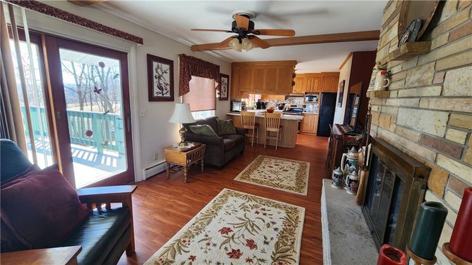 Fireplace, Interior, Kitchen, Stone Walls, Wood Texture Flooring