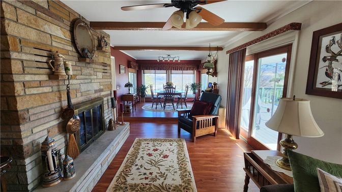 Dining room, Fireplace, Interior, Stone Walls, Wooden Beams, Wood Texture Flooring