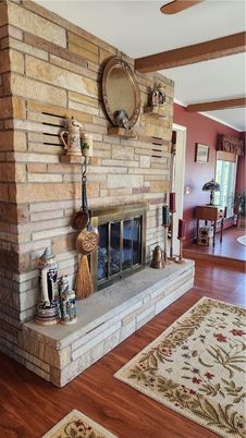 Fireplace, Interior, Piano, Stone Walls, Wood Texture Flooring