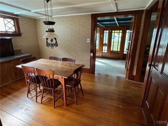 Dining room, Interior, Pendant Lights, Wood Texture Flooring