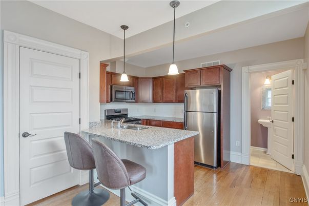 Interior, Kitchen, Pendant Lights, Stainless Steel Appliances, Wood Texture Flooring