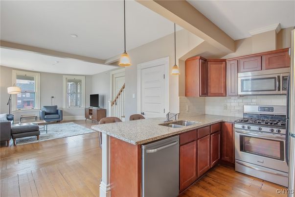 Interior, Kitchen, Living room, Pendant Lights, Stainless Steel Appliances, Wood Texture Flooring