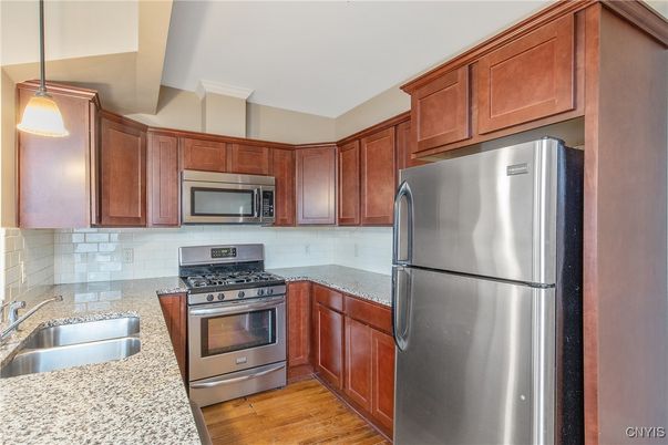 Interior, Kitchen, Pendant Lights, Stainless Steel Appliances, Wood Texture Flooring