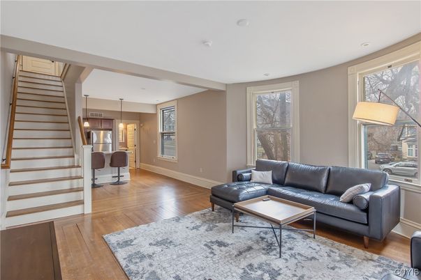Dining room, Interior, Living room, Pendant Lights, Recessed Lighting, Wood Texture Flooring