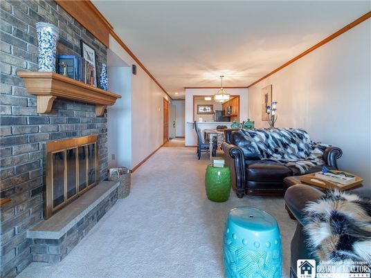 Dining room, Fireplace, Interior, Living room, Pendant Lights, Stone Walls