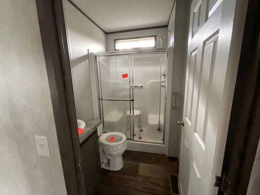 Bathroom, Glass Shower, Interior, Wood Texture Flooring