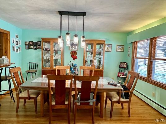 Dining room, Interior, Pendant Lights, Wood Texture Flooring