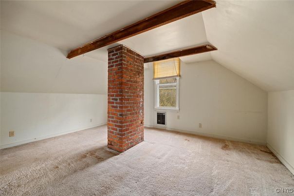 Empty room, Fireplace, Interior, Stone Walls, Wooden Beams