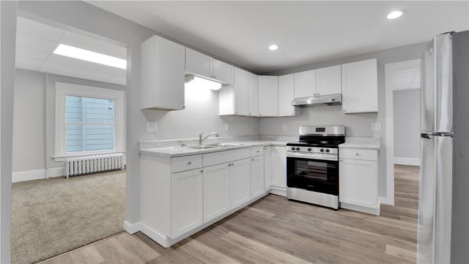 Interior, Kitchen, Recessed Lighting, Stainless Steel Appliances, Wood Texture Flooring