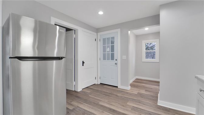 Interior, Kitchen, Recessed Lighting, Stainless Steel Appliances, Wood Texture Flooring