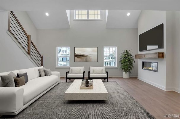 Fireplace, Interior, Living room, Recessed Lighting, Wood Texture Flooring