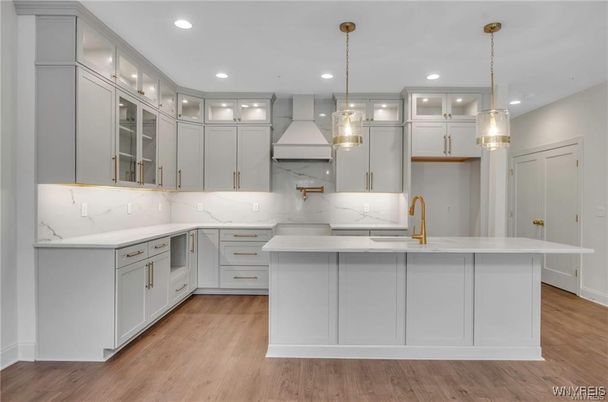 Interior, Kitchen, Marble Walls, Pendant Lights, Recessed Lighting, Wood Texture Flooring