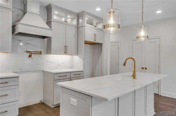 Interior, Kitchen, Marble Walls, Pendant Lights, Recessed Lighting, Wood Texture Flooring