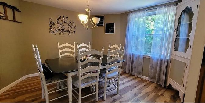 Dining room, Interior, Pendant Lights, Wood Texture Flooring