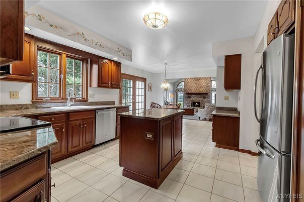 Fireplace, Interior, Kitchen, Pendant Lights, Stainless Steel Appliances