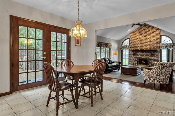 Dining room, Fireplace, Interior, Living room, Pendant Lights, Stone Walls