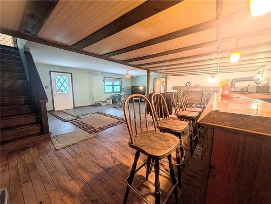 Dining room, Interior, Pendant Lights, Wooden Beams, Wood Texture Flooring