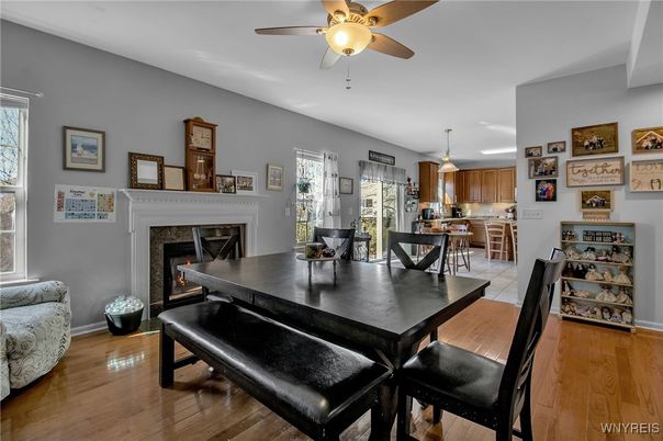 Dining room, Fireplace, Interior, Kitchen, Pendant Lights, Wood Texture Flooring