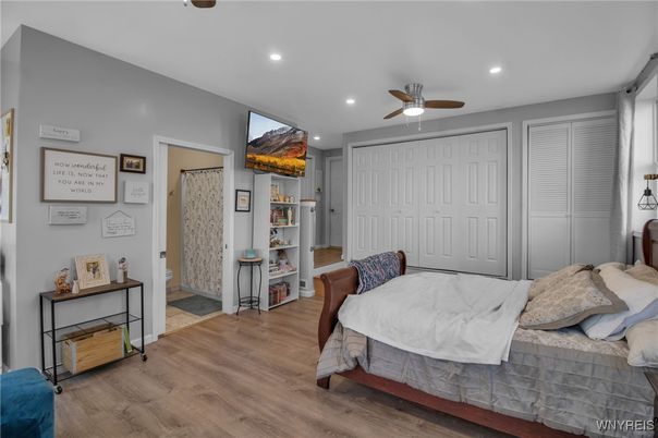 Bedroom, Interior, Recessed Lighting, Wood Texture Flooring