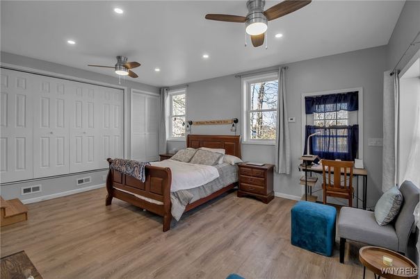Bedroom, Interior, Recessed Lighting, Wood Texture Flooring