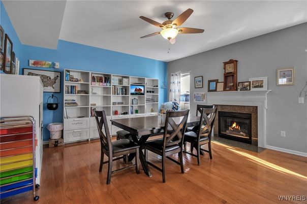 Dining room, Fireplace, Interior, Wood Texture Flooring