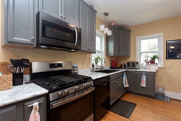 Interior, Kitchen, Pendant Lights, Stainless Steel Appliances, Wood Texture Flooring