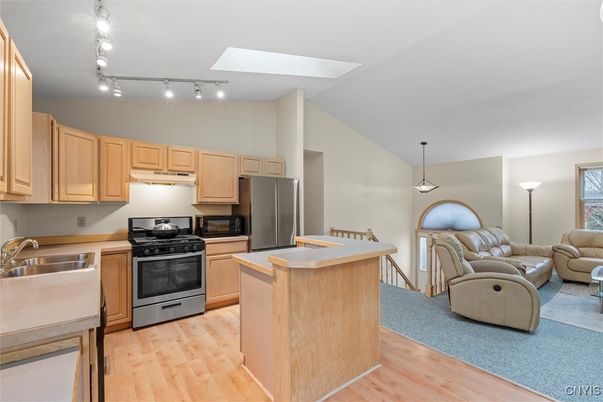 Interior, Kitchen, Living room, Pendant Lights, Stainless Steel Appliances, Wood Texture Flooring