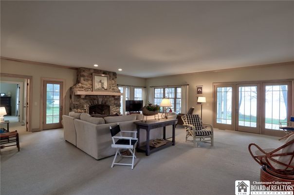 Fireplace, Interior, Living room, Recessed Lighting, Stone Walls