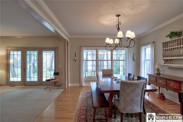 Chandelier, Dining room, Interior, Wood Texture Flooring