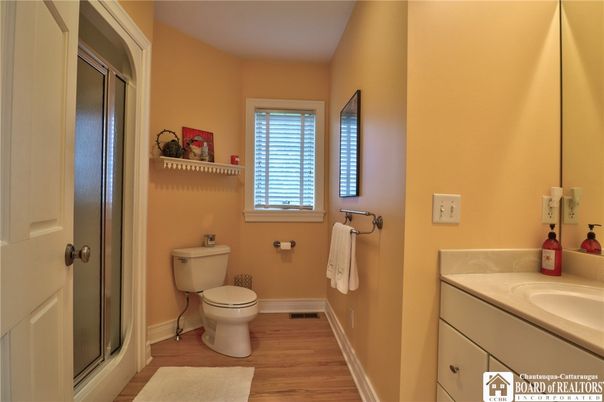 Bathroom, Glass Shower, Interior, Wood Texture Flooring