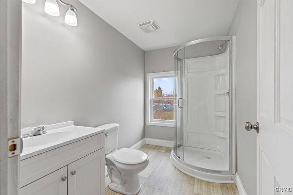 Bathroom, Glass Shower, Interior, Wood Texture Flooring