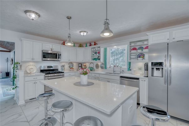 Interior, Kitchen, Marble, Pendant Lights, Stainless Steel Appliances