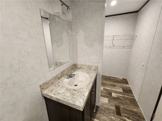 Bathroom, Interior, Recessed Lighting, Wood Texture Flooring