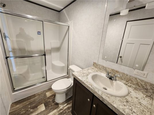 Bathroom, Glass Shower, Interior, Wood Texture Flooring
