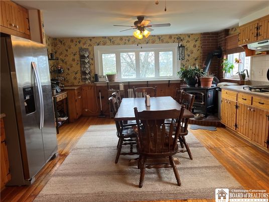 Dining room, Interior, Kitchen, Stainless Steel Appliances, Stone Walls, Wood Texture Flooring