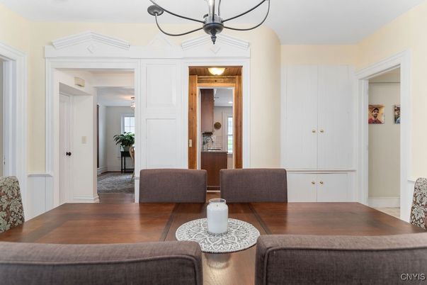 Dining room, Interior, Pendant Lights, Wood Texture Flooring